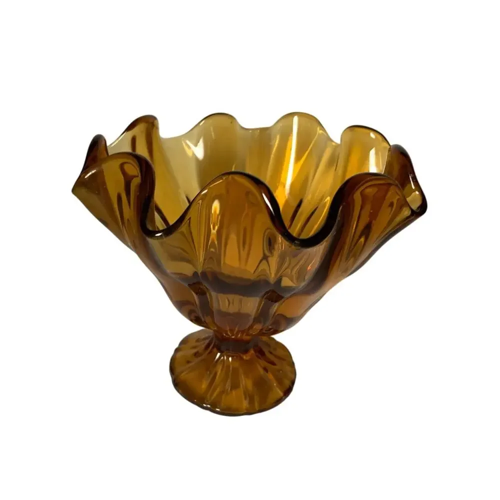 Vintage Amber Art Glass Pedestal Dish Candy Dish Rufflle Edge Bowl Glass